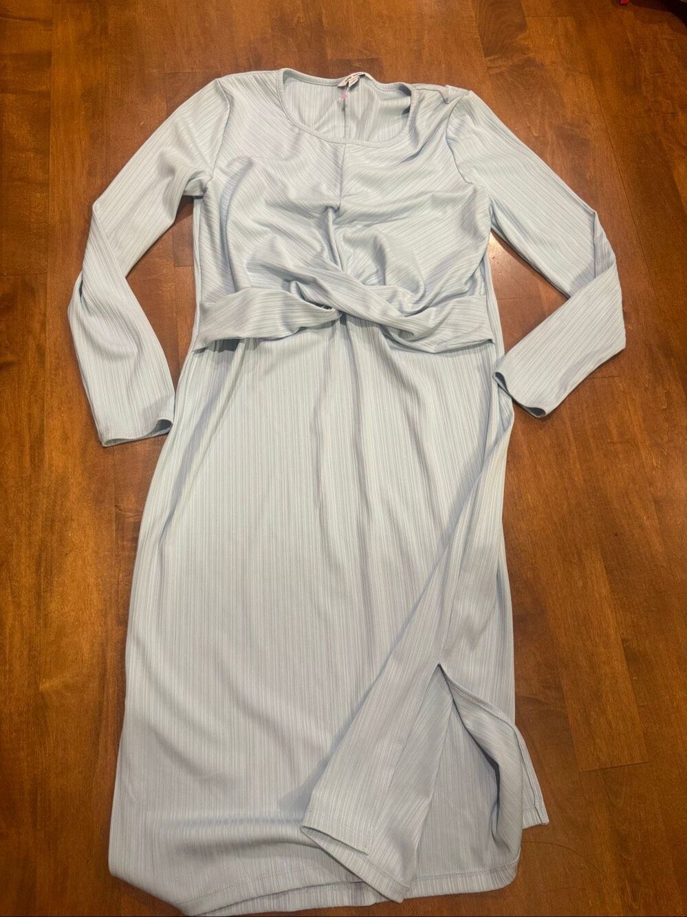 Nine West XL Ice Blue Ribbed Twist Front Long Sleeve Midi Dress Side Slit